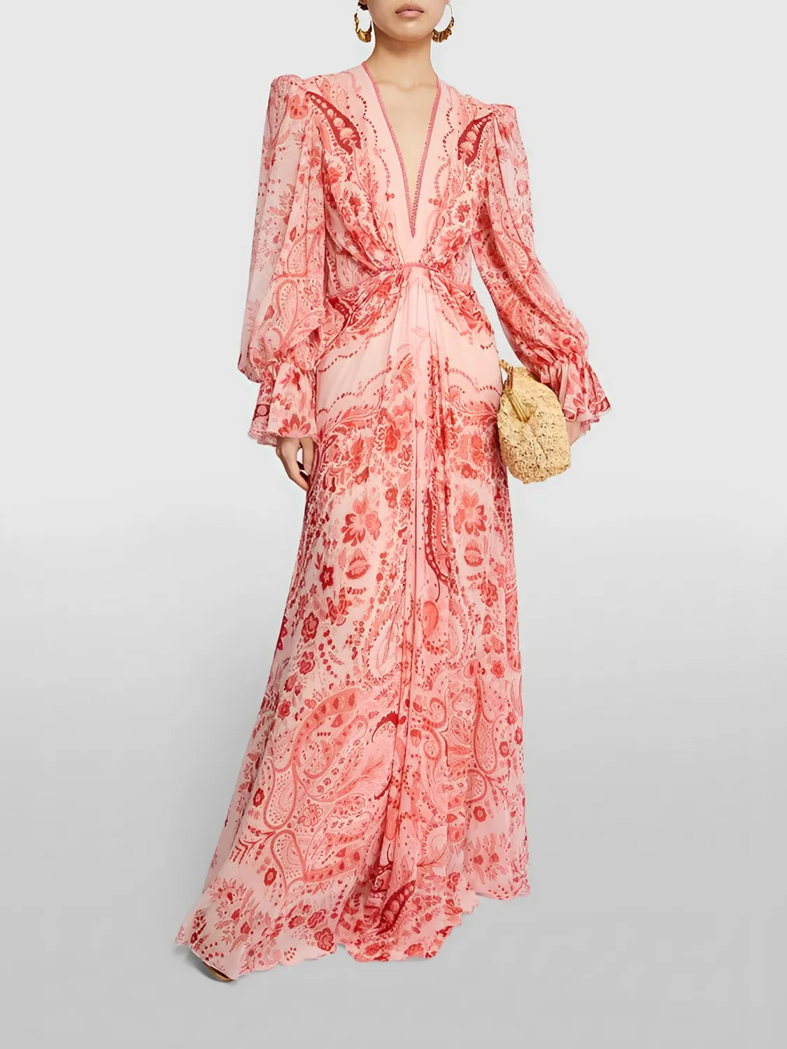 Vestido Feminino Longo Estampado de Manga Longa e Acinturado – Yasmin