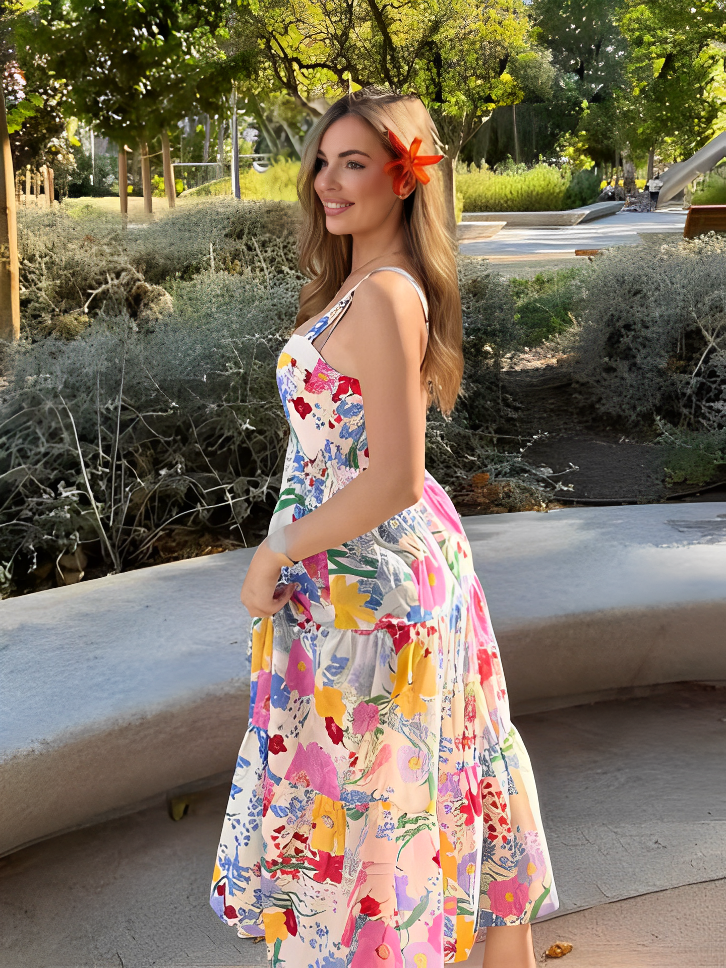 Vestido Feminino Longo Estampado Floral com Alças Finas e Decote Coração – Penélope