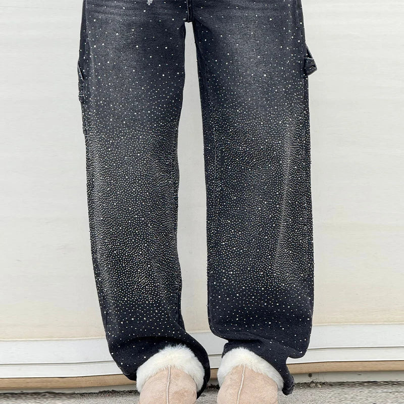 Calça Jeans Feminina Cintura Alta com Strass Luxuosos