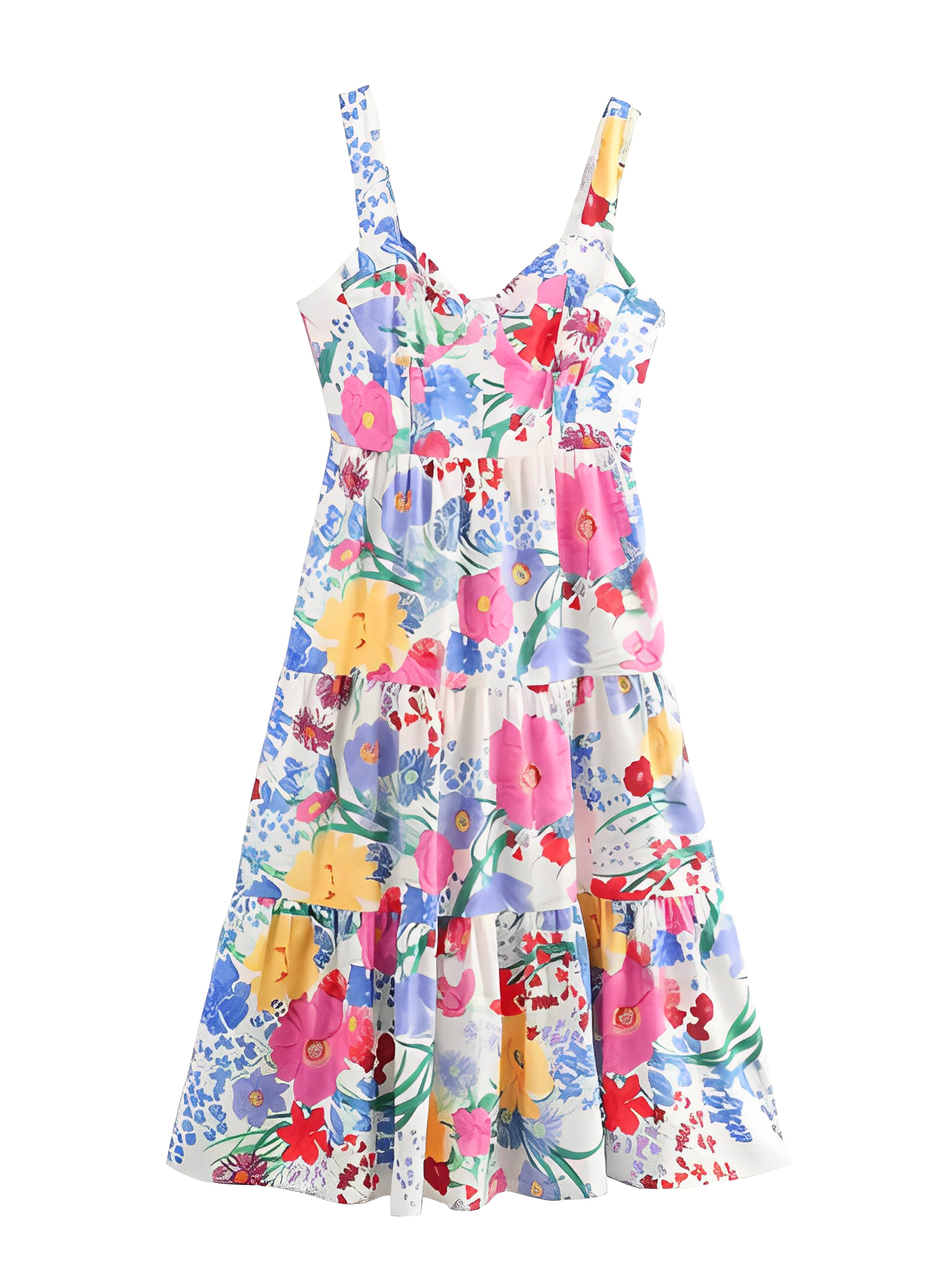 Vestido Feminino Longo Estampado Floral com Alças Finas e Decote Coração – Penélope