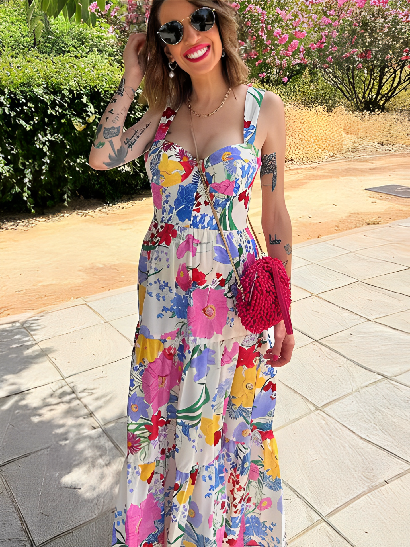 Vestido Feminino Longo Estampado Floral com Alças Finas e Decote Coração – Penélope