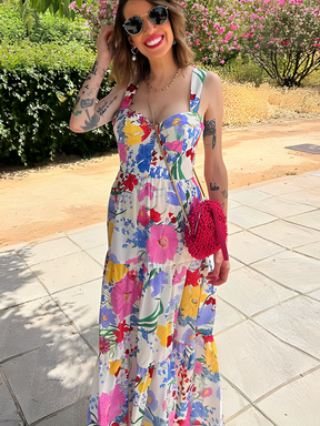 Vestido Feminino Longo Estampado Floral com Alças Finas e Decote Coração – Penélope