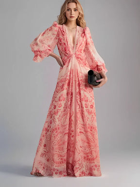 Vestido Feminino Longo Estampado de Manga Longa e Acinturado – Yasmin