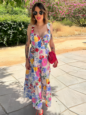 Vestido Feminino Longo Estampado Floral com Alças Finas e Decote Coração – Penélope