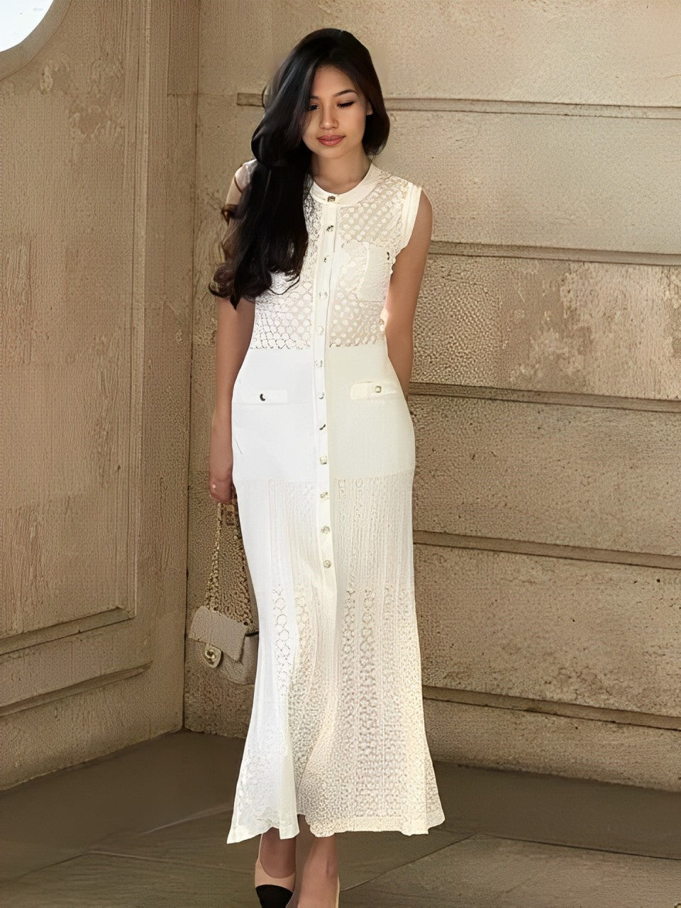 Vestido Feminino Midi de Tricô Sem Mangas com Abertura de Botões – Sara