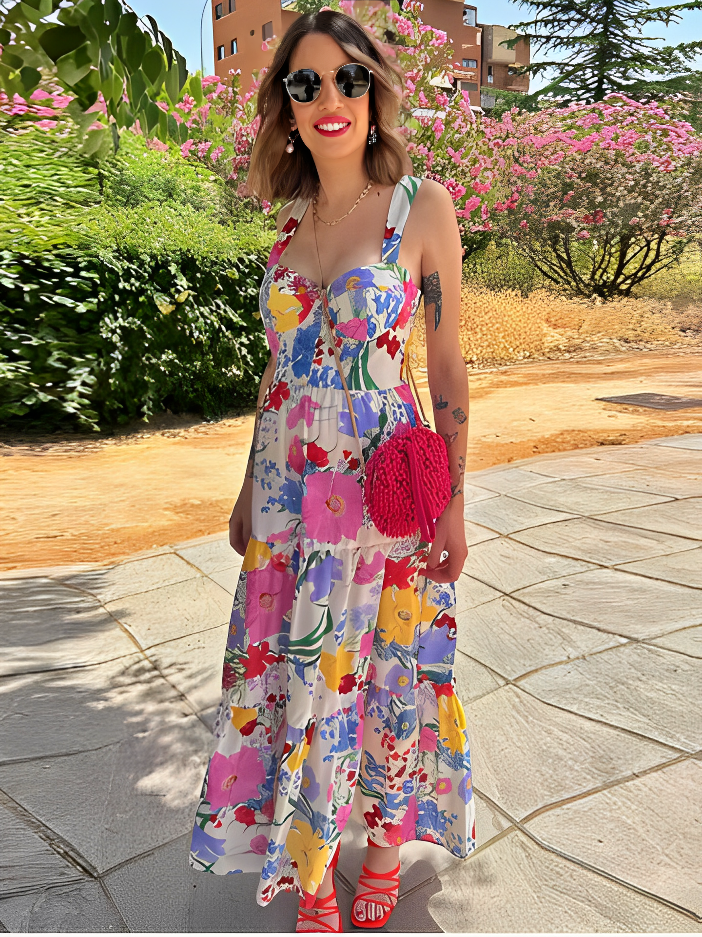 Vestido Feminino Longo Estampado Floral com Alças Finas e Decote Coração – Penélope