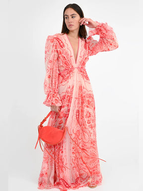 Vestido Feminino Longo Estampado de Manga Longa e Acinturado – Yasmin