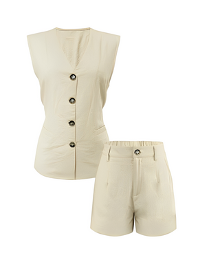 Conjunto Feminino de Linho com Colete de Amarração nas Costas e Bermuda de Cós Elástico – Mariana