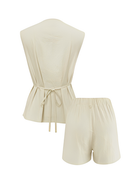 Conjunto Feminino de Linho com Colete de Amarração nas Costas e Bermuda de Cós Elástico – Mariana