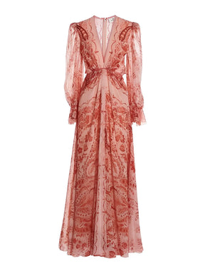 Vestido Feminino Longo Estampado de Manga Longa e Acinturado – Yasmin