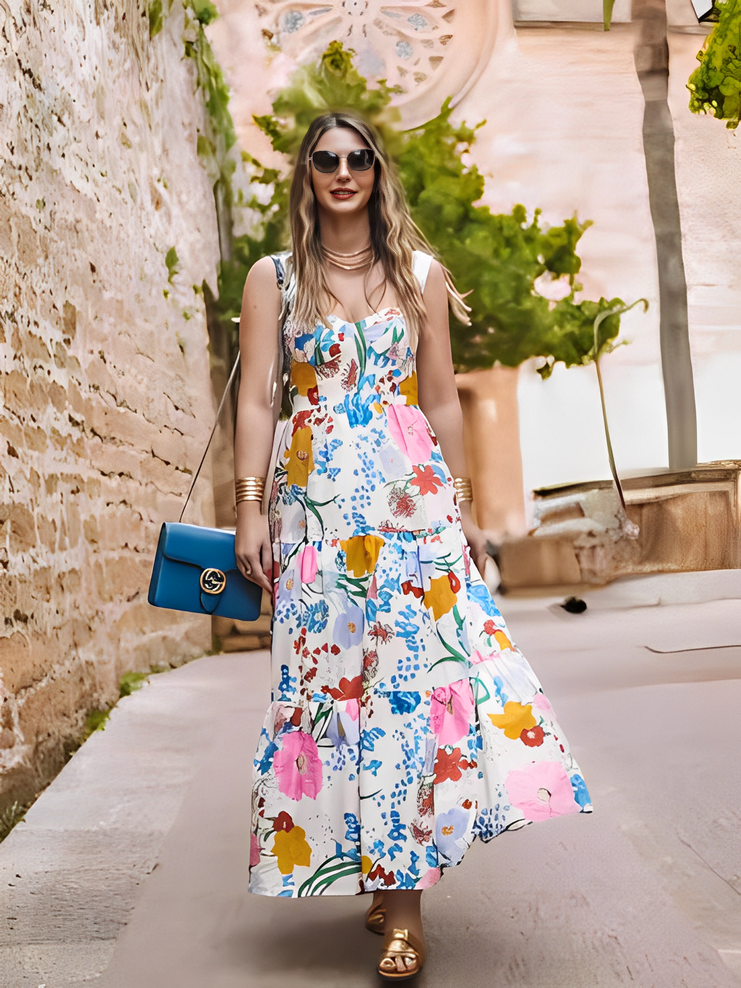 Vestido Feminino Longo Estampado Floral com Alças Finas e Decote Coração – Penélope