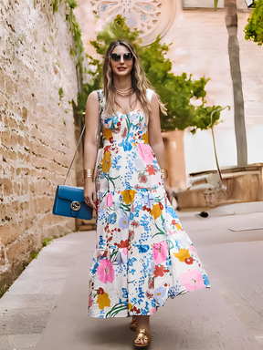 Vestido Feminino Longo Estampado Floral com Alças Finas e Decote Coração – Penélope