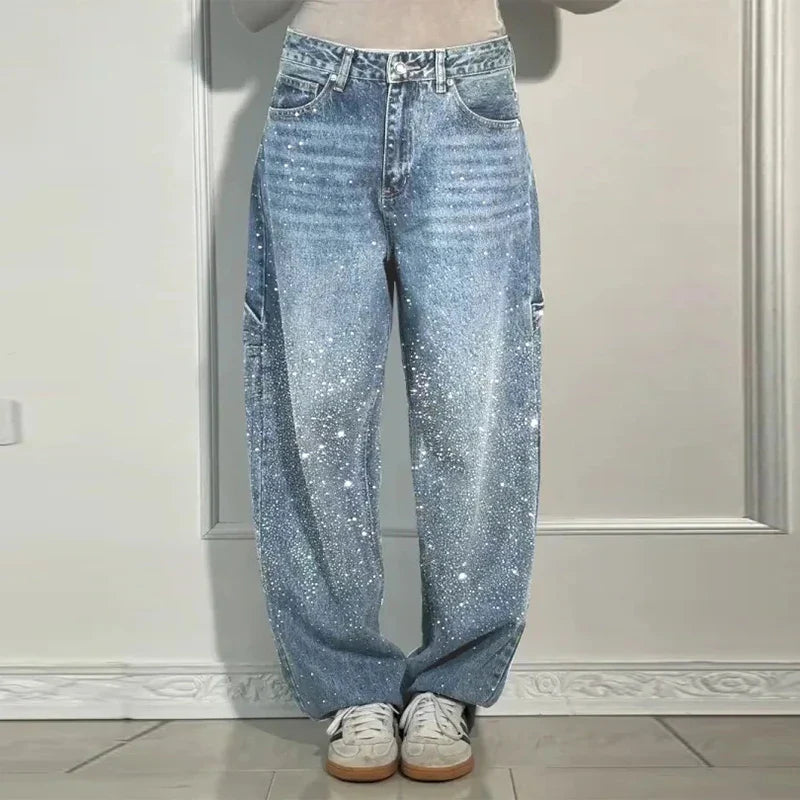 Calça Jeans Feminina Cintura Alta com Strass Luxuosos