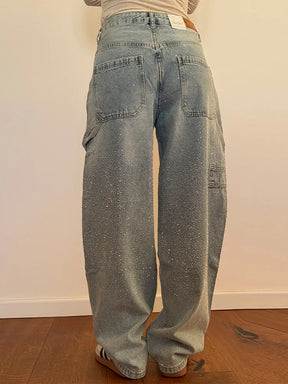 Calça Jeans Feminina Cintura Alta com Strass Luxuosos