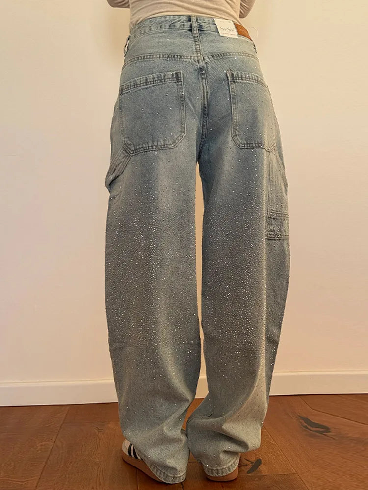 Calça Jeans Feminina Cintura Alta com Strass Luxuosos