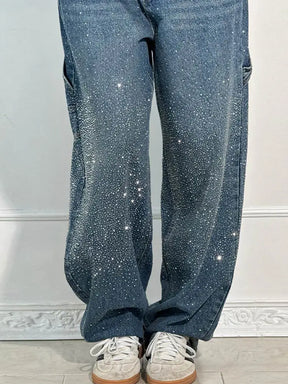 Calça Jeans Feminina Cintura Alta com Strass Luxuosos