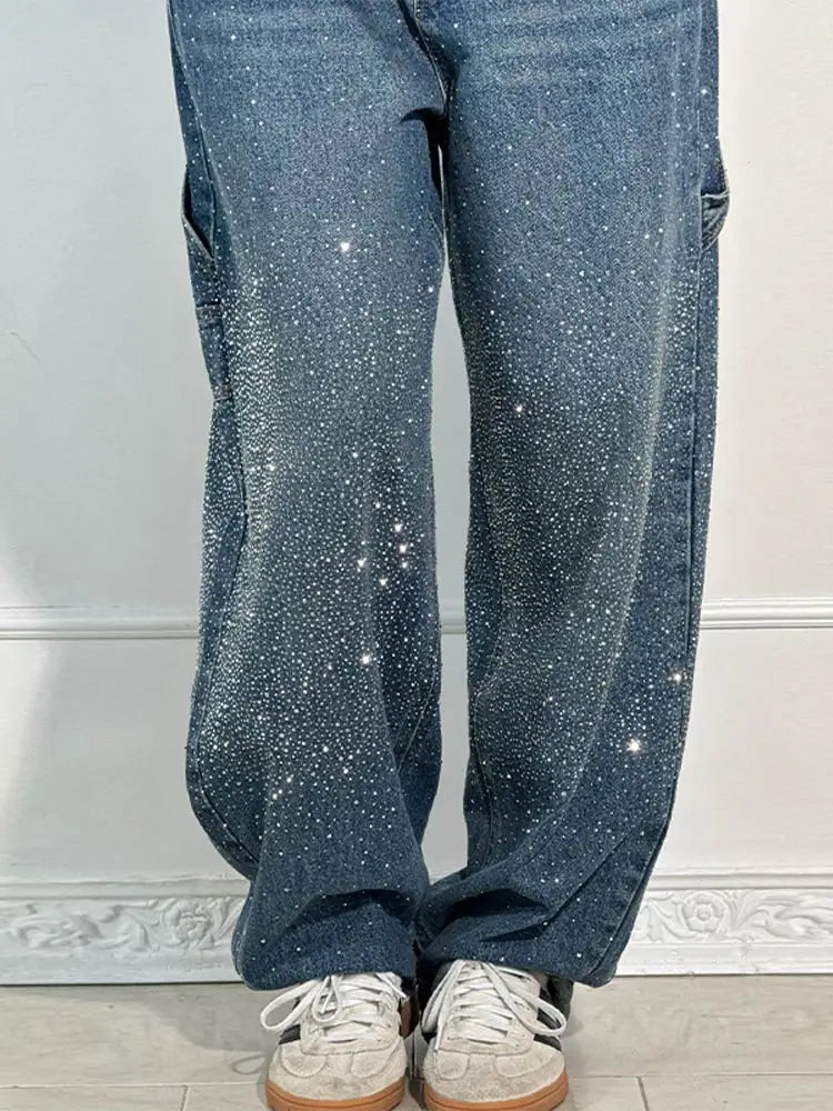 Calça Jeans Feminina Cintura Alta com Strass Luxuosos