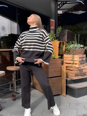 Conjunto Feminino de Tricô com Suéter de Gola Alta Listrado e Calça Confortável – Daniela